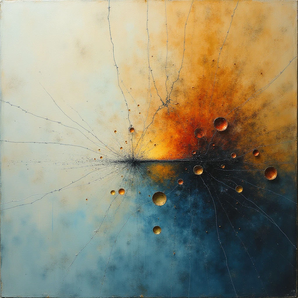 The image features a division between cool and warm tones, with a pale cream color on the left transitioning to golden yellows and oranges on the right, separated by a dark central band. A network of fine, branching lines extends from this central area across both halves, overlaid with scattered circular forms in shades of gold and brown. Textures appear subtly varied, ranging from smooth gradients to areas of granular detail, while light seems diffused throughout, creating a sense of depth despite the largely flat spatial relationships.