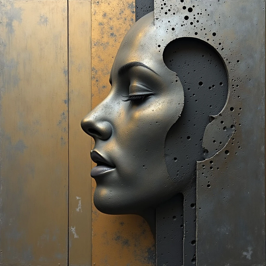 The image features a metallic profile of a face bisected by a vertical plane; one half is solid, the other hollowed out in the shape of a brain. Colors are primarily muted grays and golds with rust-like textures suggesting aged metal surfaces, and light appears to be diffused, creating soft highlights and shadows on the sculpted forms. The spatial relationship implies a flat relief carving set against a similarly textured background, with the face appearing to emerge from or recede into the surrounding metallic panels.