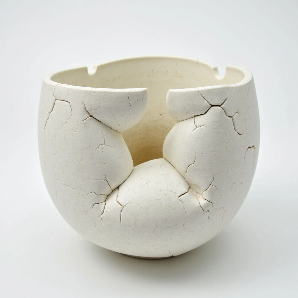 A cracked, egg-shaped ceramic bowl sits against a stark white background. Three rounded protrusions emerge from the side of the bowl, also heavily fractured with similar lines as the rest of the piece. The inside rim features several small notches, suggesting it was designed to hold something like cigarettes.