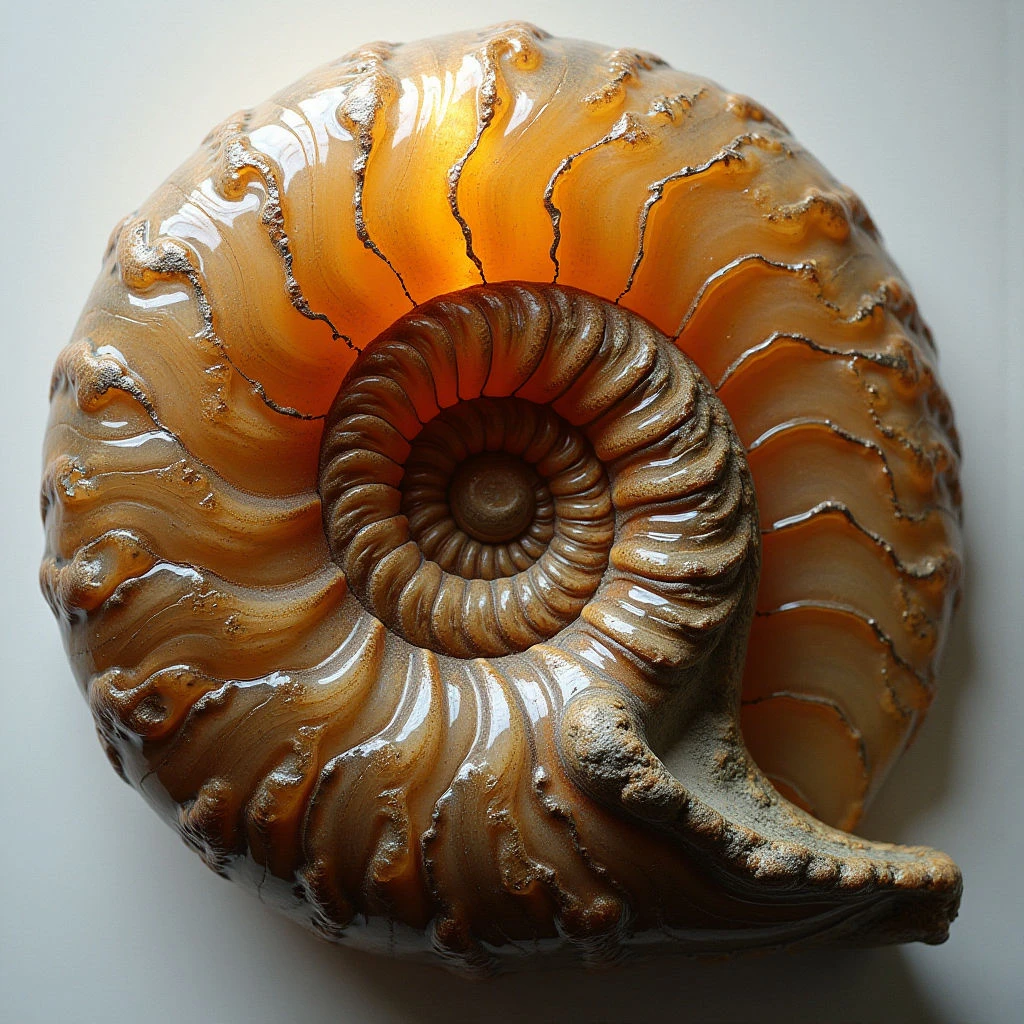 The image features a spiraling shell with warm tones of amber and brown, transitioning to lighter shades near the outer edges. Its surface displays a smooth, glossy texture contrasted by rougher areas along the opening and ridges, creating visible patterns of light reflection. The shell is presented at a close range, dominating the frame and suggesting depth through its coiled form and cast shadow on a pale background.