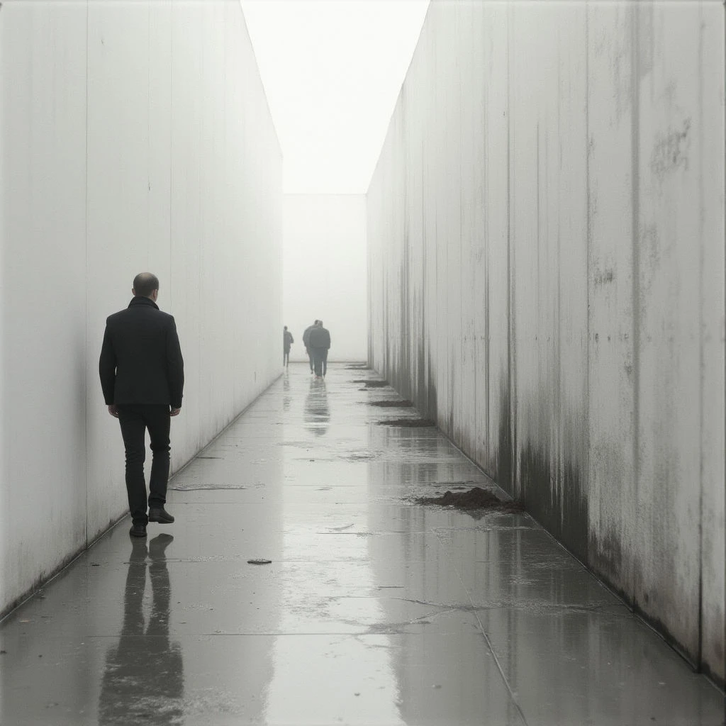 A man walks down a long, narrow corridor defined by tall, concrete walls on either side. The floor is wet and reflects his image, with two other figures visible further down the passage fading into mist. The space feels stark and isolating, emphasizing a sense of solitude and distance.