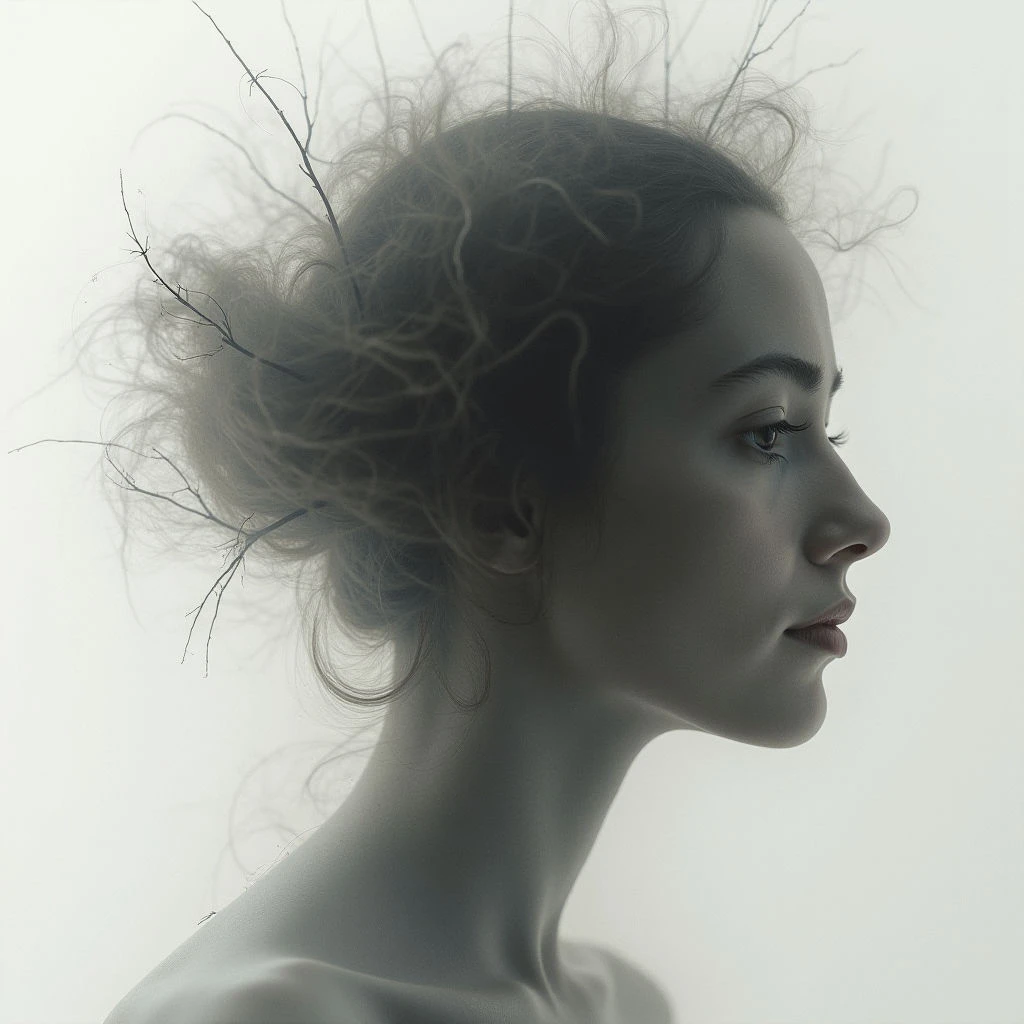 A woman’s face is shown in profile against a pale background, her expression serene and contemplative. Her hair seems to blend with delicate branches, creating an ethereal, almost otherworldly effect. The overall tone is soft and muted, giving the image a dreamlike quality.