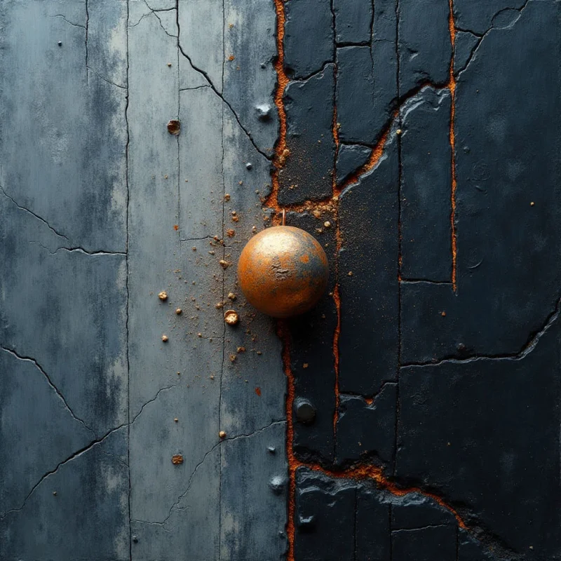 A central copper-toned sphere rests against a vertical divide between light gray and dark charcoal textured wood planks. Deep orange fissures run through the dark section, contrasting with the matte, cracked surfaces of both wooden sides. Light falls evenly across the composition, highlighting the granular texture of the sphere and the weathered grain of the wood.
