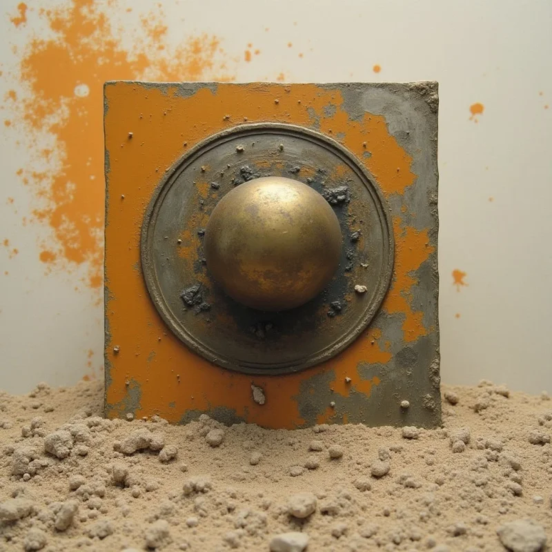 A weathered orange square with gray, textured edges sits embedded in a bed of coarse, tan sand. A large, metallic bronze sphere is centered within a circular indentation on the square's surface. Soft, diffused light illuminates the scene against a pale background marked by subtle orange splatters.