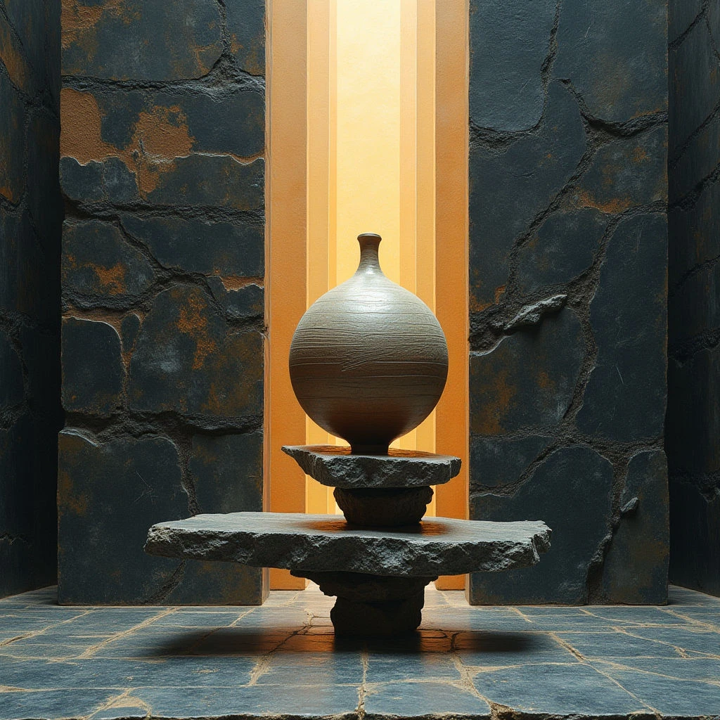 The scene is dominated by cool, dark grays and blues of rough stone walls flanking a central warm orange glow emanating from behind a rounded ceramic vessel. The pot rests on a tiered pedestal also constructed of stone, exhibiting similar textural qualities to the surrounding architecture, while light casts defined shadows across the floor and surfaces. Spatial relationships are symmetrical; the composition is balanced with the pedestal centered in front of the illuminated background.