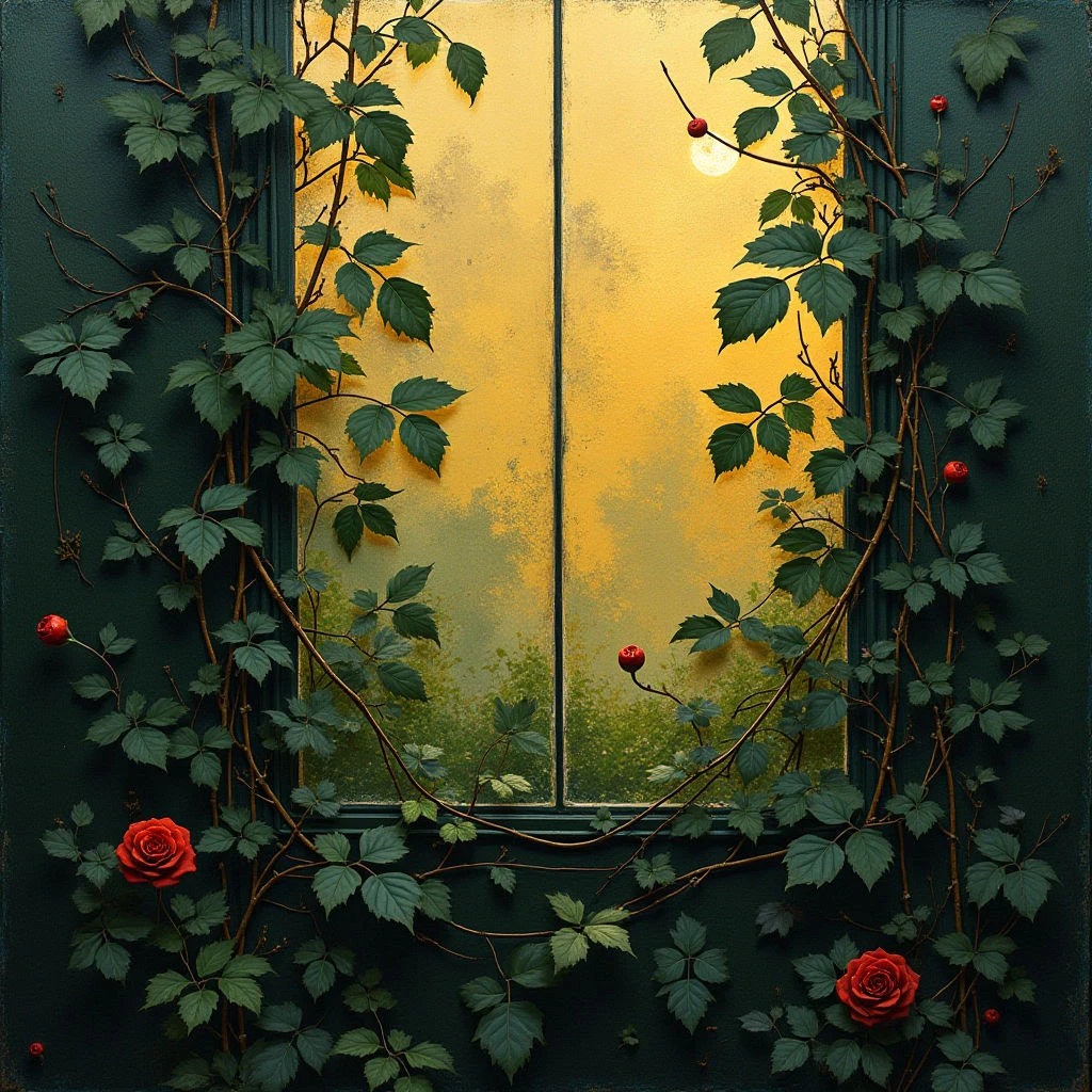 The image features a dark teal window frame densely covered in climbing vines with green leaves and small red berries, surrounding a view of a golden, hazy landscape. The texture appears smooth on the frame and glass, contrasting with the detailed foliage, while the background suggests soft forms obscured by light. A central, bright orb is visible within the distant scene, creating a focal point and source of illumination that extends outwards.