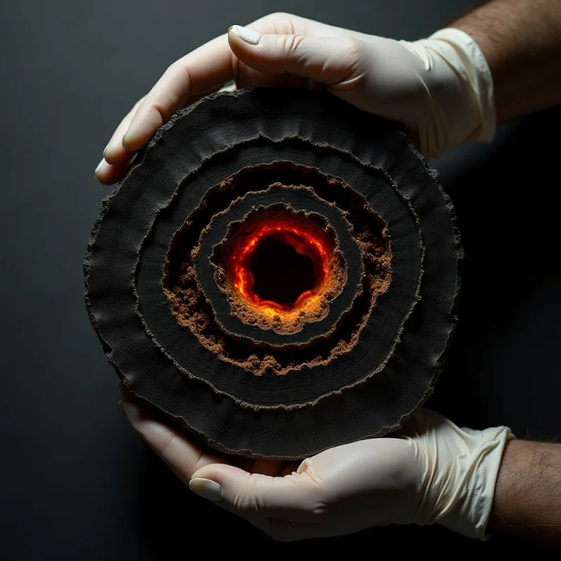The image features a dark, circular object held in two gloved hands against a black background. Concentric rings of rough, layered texture build inward towards a central, glowing orange and red core. Light emanates from the center, casting subtle highlights on the surrounding layers and the palms holding it, while the rest of the scene remains largely shadowed.