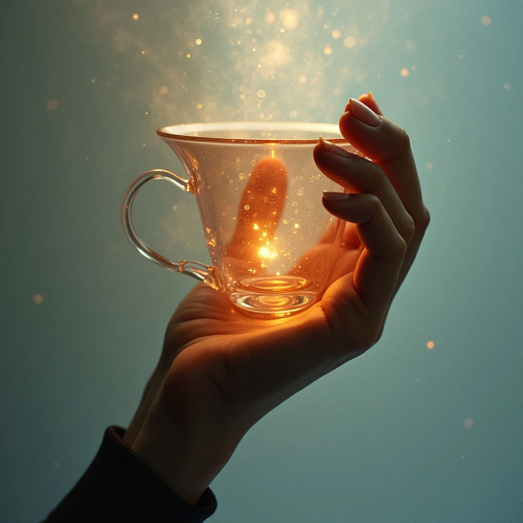 A hand cradles a delicate glass teacup, but instead of liquid it holds a swirling column of bright orange light. Golden sparks drift upwards from the cup, contrasting against a soft teal background. The scene evokes a sense of magic and contained energy.