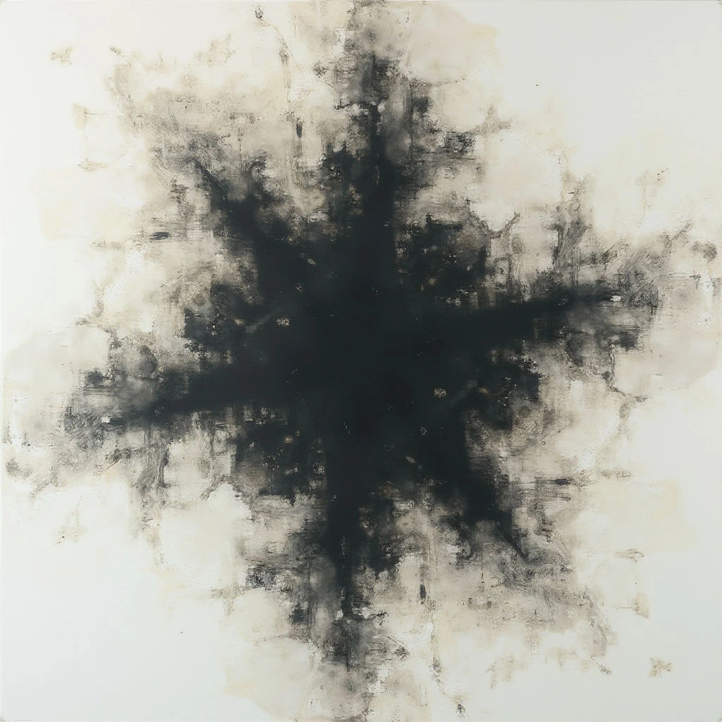 A dark, central mass dominates a light background, spreading outwards with blurred edges and varying intensity. The shape resembles an explosion or a blossoming form composed of smoky blacks and grays. Delicate washes and streaks radiate from the core, creating a sense of movement and depth on the otherwise plain surface.