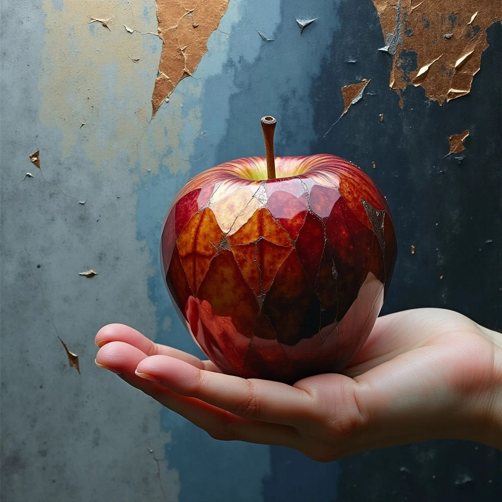 The image features a red apple with sharply defined facets held in a pale hand against a dark, mottled background. The backdrop includes areas of peeling gold foil contrasted with textured blue and gray surfaces. Light reflects prominently off the apple’s geometric planes, creating highlights and shadows while the hand appears softly illuminated.