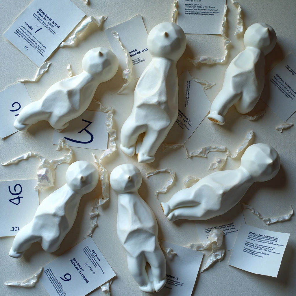 The image depicts a dense arrangement of small, pale beige and white organic forms resembling shells or bone fragments, laid on a similarly toned flat surface. Numerous rectangular paper labels with dark text are affixed to the objects and surrounding area, creating an overlapping layer of graphic elements. Soft, diffused light illuminates the scene, highlighting subtle variations in texture across both the forms and the background while casting minimal shadows.