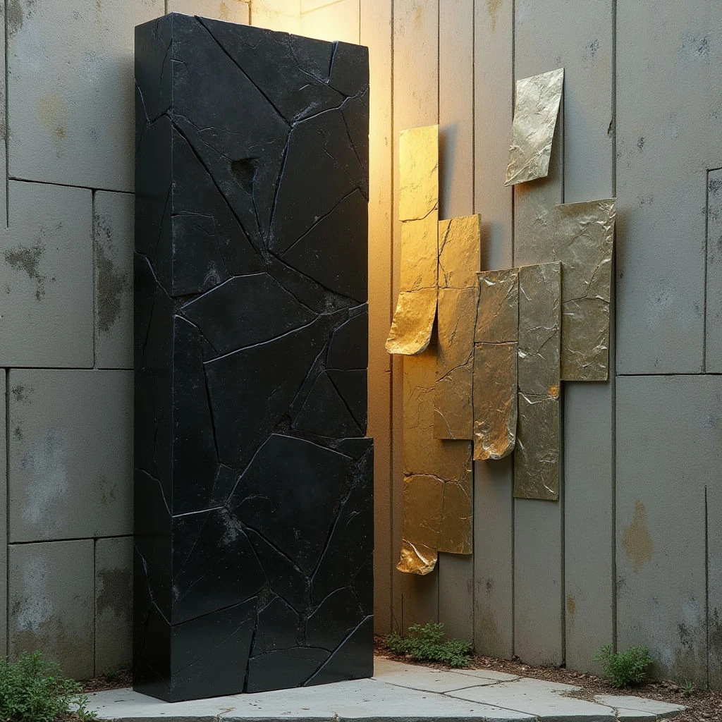 The image features a dark, fractured vertical form adjacent to a cluster of gold and bronze rectangular planes affixed to a textured wall. The surfaces appear rough and uneven, contrasting with the smoother, geometric shapes of the surrounding blocks and plates. Light falls diagonally across both forms, creating highlights and shadows that emphasize their three-dimensional qualities within a shallow spatial arrangement.