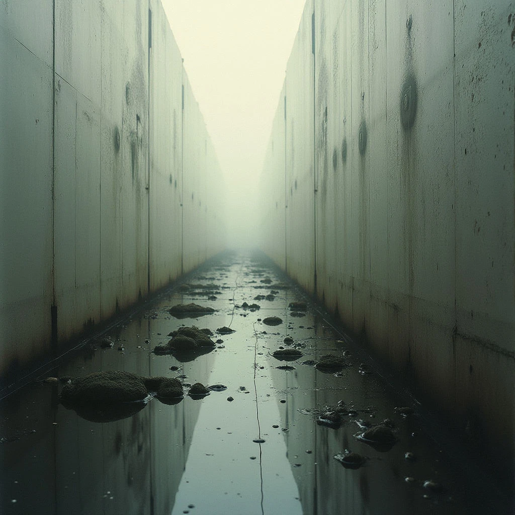 A long, narrow corridor stretches into a hazy distance between tall, smooth concrete walls. The floor is wet and scattered with dark, rounded stones that are partially reflected in the water. A pervasive fog obscures the far end of the passage, creating an atmosphere of isolation and mystery.