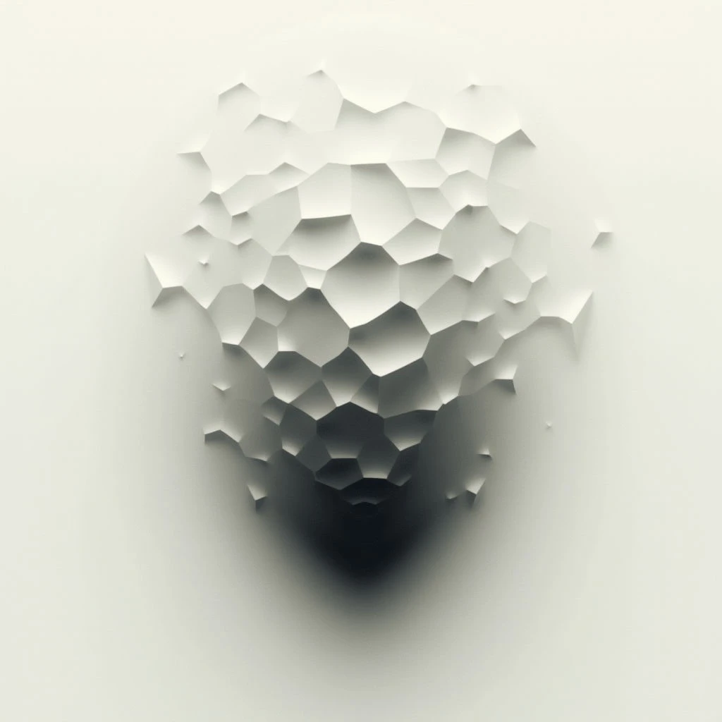 A cluster of faceted, geometric shapes appears to be bursting from a smooth, pale surface. The forms are lighter at the top and gradually darken towards a central shadow, creating an illusion of depth.  The overall effect is abstract and suggests something emerging or dissolving into nothingness.