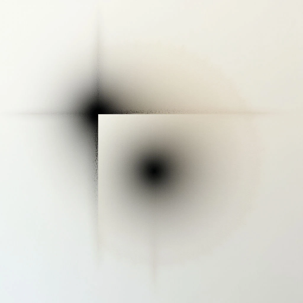 The image depicts a stark white corner where two walls meet at a right angle. Dark, blurred shadows emanate from the intersection of the walls, creating a sense of depth and an almost unsettling focal point. The shadows are softer along the edges, fading into the surrounding whiteness.