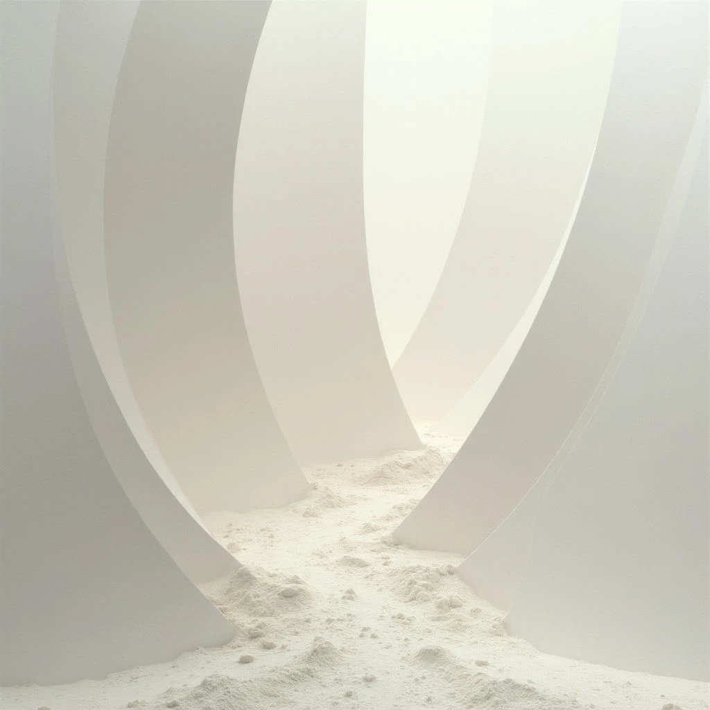 Tall, curving white structures rise from a sandy ground, creating a cavernous space. Piles of sand are scattered around the base of the forms, suggesting they may be emerging from or slowly dissolving into the earth. The overall tone is soft and muted, with a sense of quiet isolation.