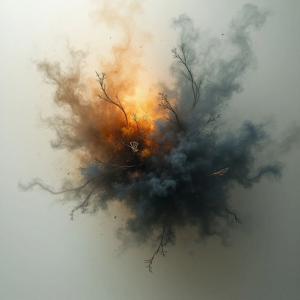 A burst of energy explodes outwards, framed by wisps of dark smoke and golden light. Bare branches reach out from the center of the chaos, as if torn apart by the force. The overall impression is one of destruction and transformation against a pale background.