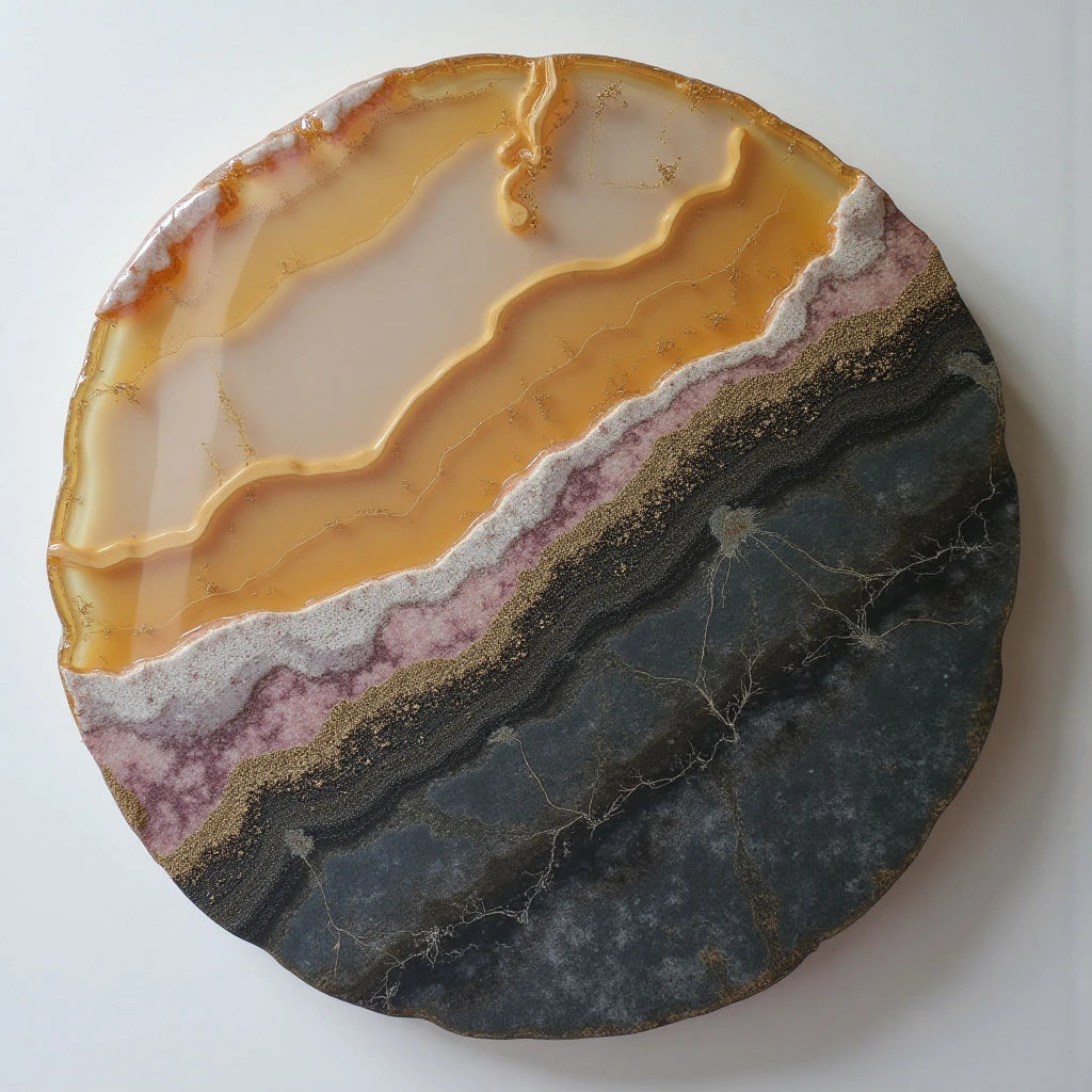 The image depicts a roughly circular form with bands of color transitioning from pale peach and yellow at the top to darker grays and blacks towards the bottom. Textures range from smooth, translucent areas in the upper section to rougher, layered patterns with speckled gold accents in the lower portion; thin, branching lines are visible throughout the darker layers. Light appears diffused, creating subtle highlights and reflections within the glossy surface, while spatial relationships suggest a flat plane with depth implied by the layering of materials.