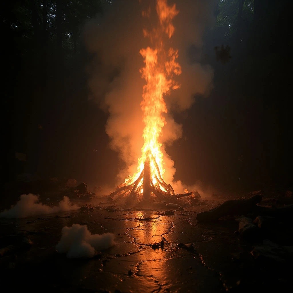 A massive bonfire blazes intensely in a dark, wooded area. Flames leap high into the night sky, surrounded by thick plumes of smoke that swirl and dissipate around scattered rocks and debris. The ground is cracked and reflects the fire's warm glow, with wisps of fog adding to the eerie atmosphere.