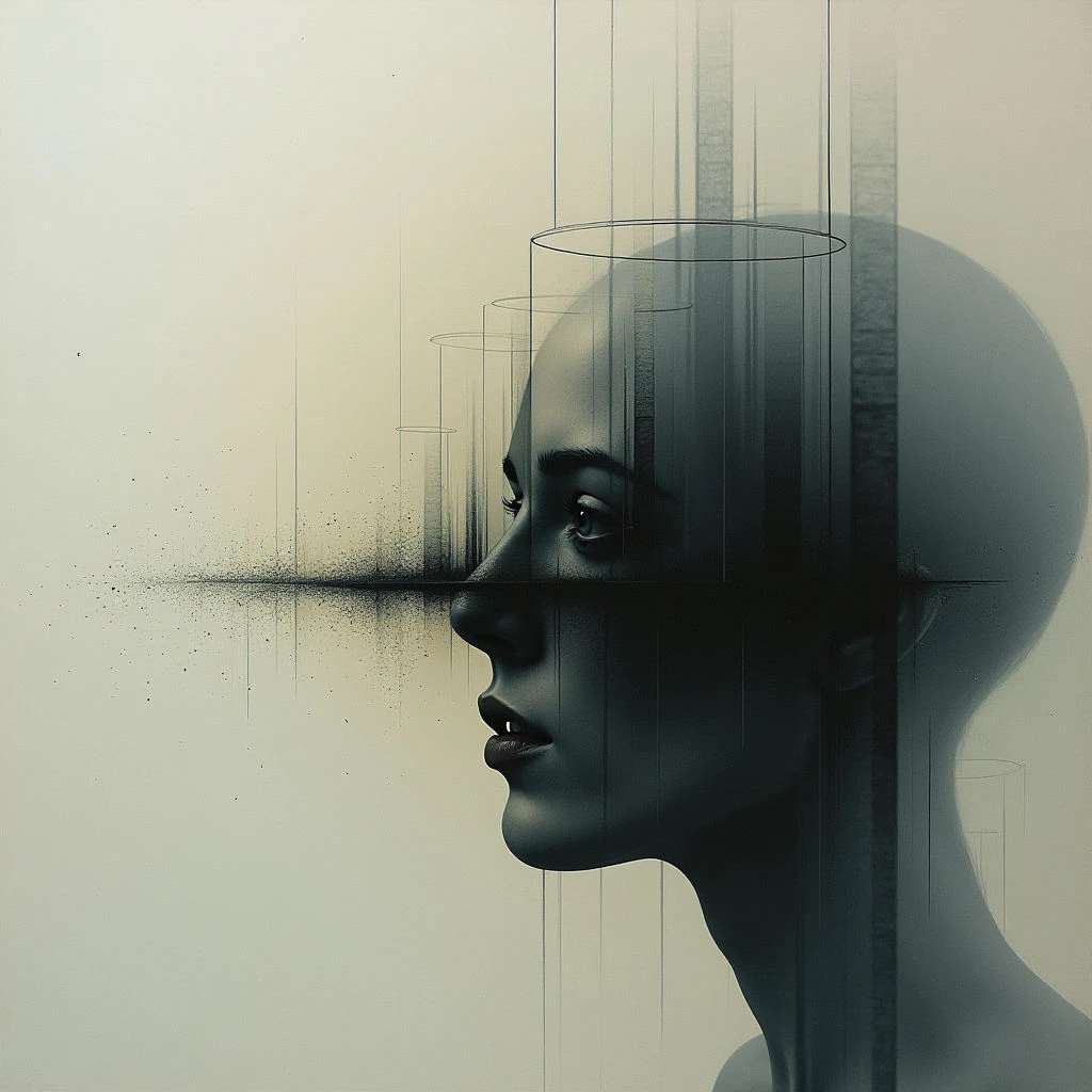 A woman’s face is depicted in profile, appearing partially fragmented and overlaid with geometric shapes. Thin lines and stacked rings extend from within her head, suggesting a complex inner world or fractured consciousness. The overall tone is muted and slightly melancholic, set against a pale background.