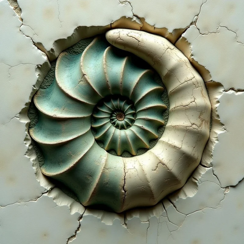 A spiral ammonite shell is embedded within a cracked, off-white surface, featuring a color split between muted teal and cream tones. The composition transitions from the smooth, segmented ridges of the shell to the rough, granular texture of the surrounding cavity and the fine, web-like cracks in the stone. Light casts soft shadows within the deep grooves of the spiral and around the jagged edges of the circular indentation, creating a sense of depth.