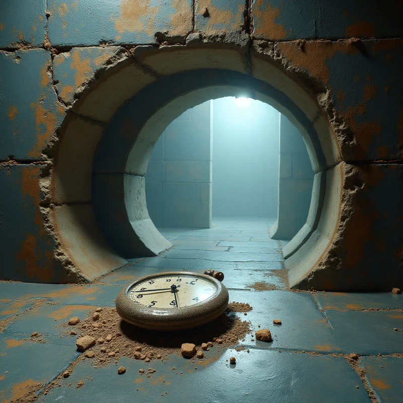 A circular opening in a textured, blue-tiled wall reveals a brightly lit, hazy corridor with pale walls and floor. In the foreground, an analog pocket watch rests on a tiled surface amidst scattered grains of brown sand or dirt. The composition uses high contrast between the dark, weathered textures of the immediate surroundings and the soft, diffused light emanating from the distant background.