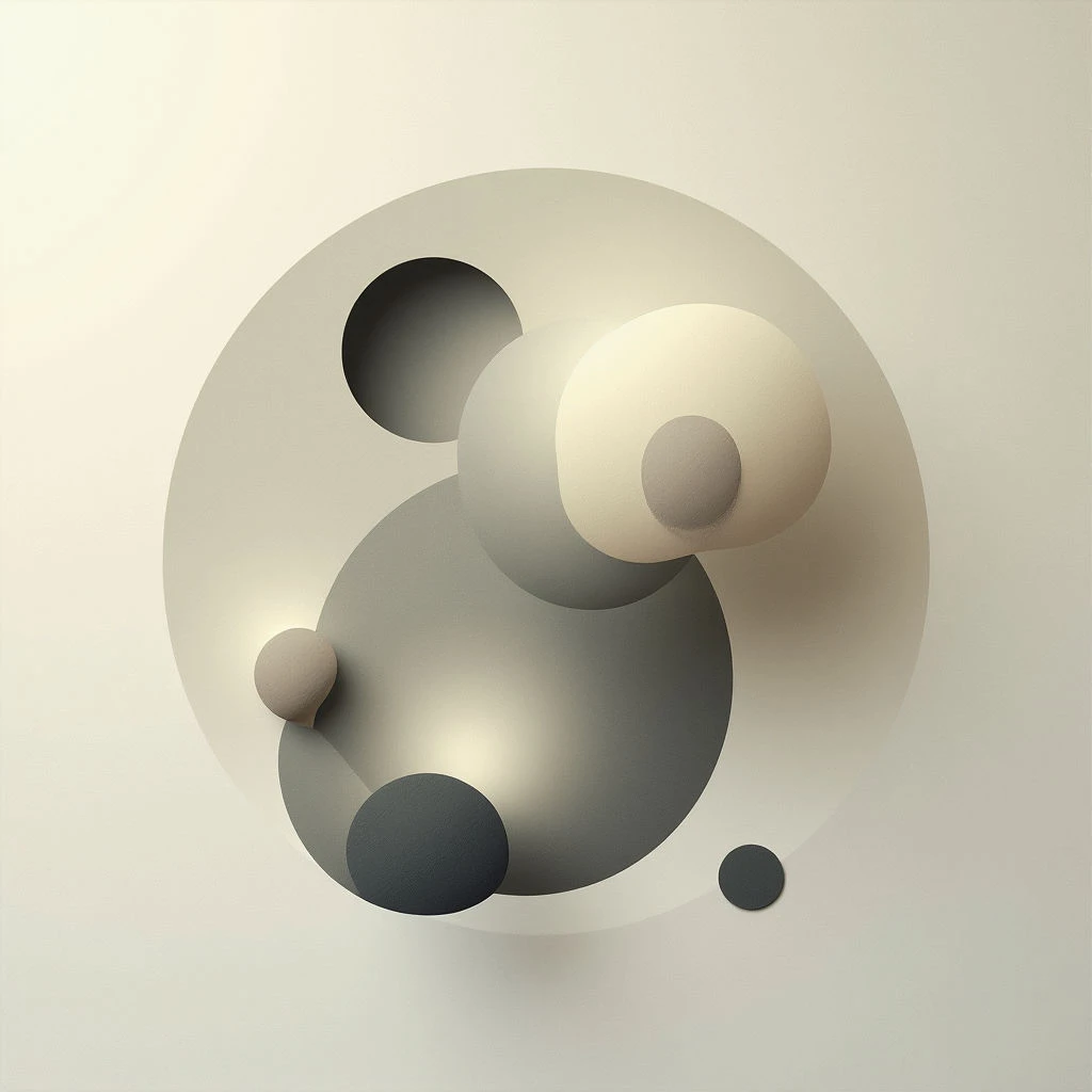 Several rounded, overlapping forms in shades of beige and gray create an abstract composition against a pale background. The shapes vary in size, with some appearing to be cutouts within others, giving the image depth. A small, dark sphere sits isolated near the bottom edge of the arrangement.