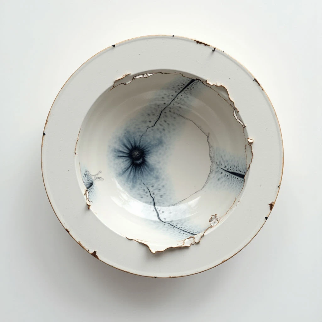 A white ceramic bowl is viewed from directly above, revealing a large, irregularly shaped hole along the rim. The interior of the bowl features a dark blue, starburst-like pattern radiating from a central point with delicate cracks spreading outwards. A rough, unfinished edge surrounds the broken portions of the bowl, contrasting with its otherwise smooth surface.