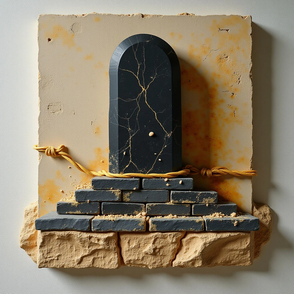 The piece features a muted color palette dominated by beige and dark gray tones, with accents of rust-colored staining and small pale spheres. Rough, uneven textures contrast between the sculpted base—composed of brick and crumbling stone forms—and the smooth, polished surface of a central arched shape. A rope-like element winds across the composition, creating diagonal lines that intersect with the stacked bricks and highlight the depth between the foreground and background planes.