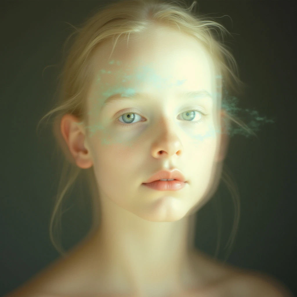 A young girl with pale skin and blonde hair looks directly at the viewer with striking blue eyes. Flecks of teal paint are scattered across her forehead and cheekbone, creating a subtle, ethereal effect. Her expression is calm and contemplative against a muted green background.