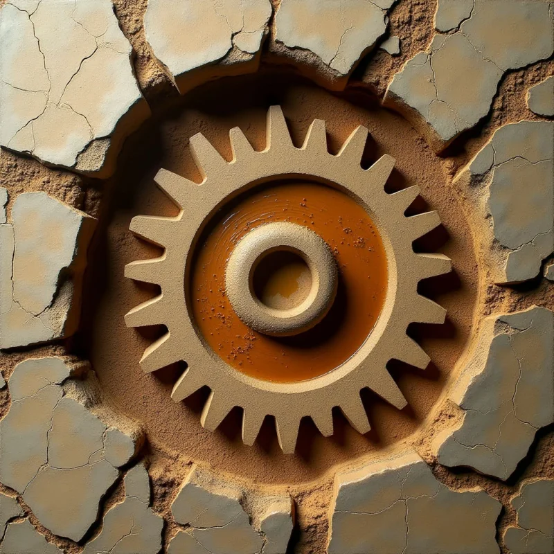A central tan gear with serrated edges is embedded within a circular crater of dark amber liquid and coarse sand. The surrounding surface consists of large, irregular, light beige tiles or cracked earth pieces that frame the central mechanism. Strong directional lighting creates deep shadows within the crevices and highlights the rough, granular textures of the stone and sand.
