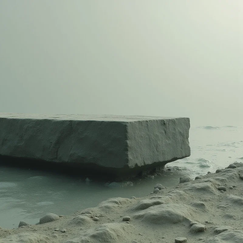 A large, rectangular slab of textured gray stone floats horizontally above a calm body of water, meeting a sandy shoreline in the foreground. The color palette is monochromatic and muted, consisting of desaturated tones of sage green, gray, and beige. Soft, diffused light eliminates harsh shadows, creating a hazy spatial relationship between the solid land, the heavy stone, and the misty background.