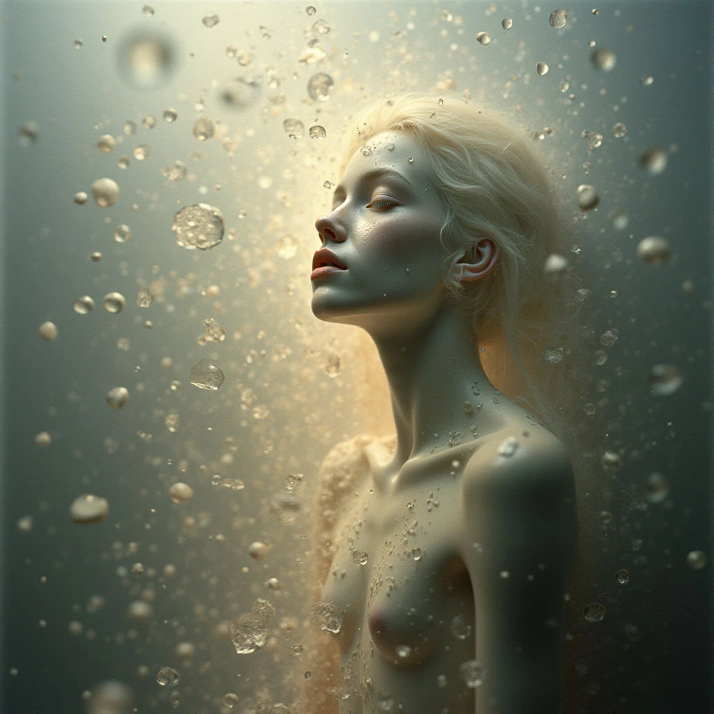 A pale woman with long blonde hair gazes upwards, her eyes closed in peaceful contemplation. Water droplets cover her skin and surround her like a shimmering haze, catching the light. The overall tone is soft and ethereal, suggesting a moment of quiet beauty or cleansing.