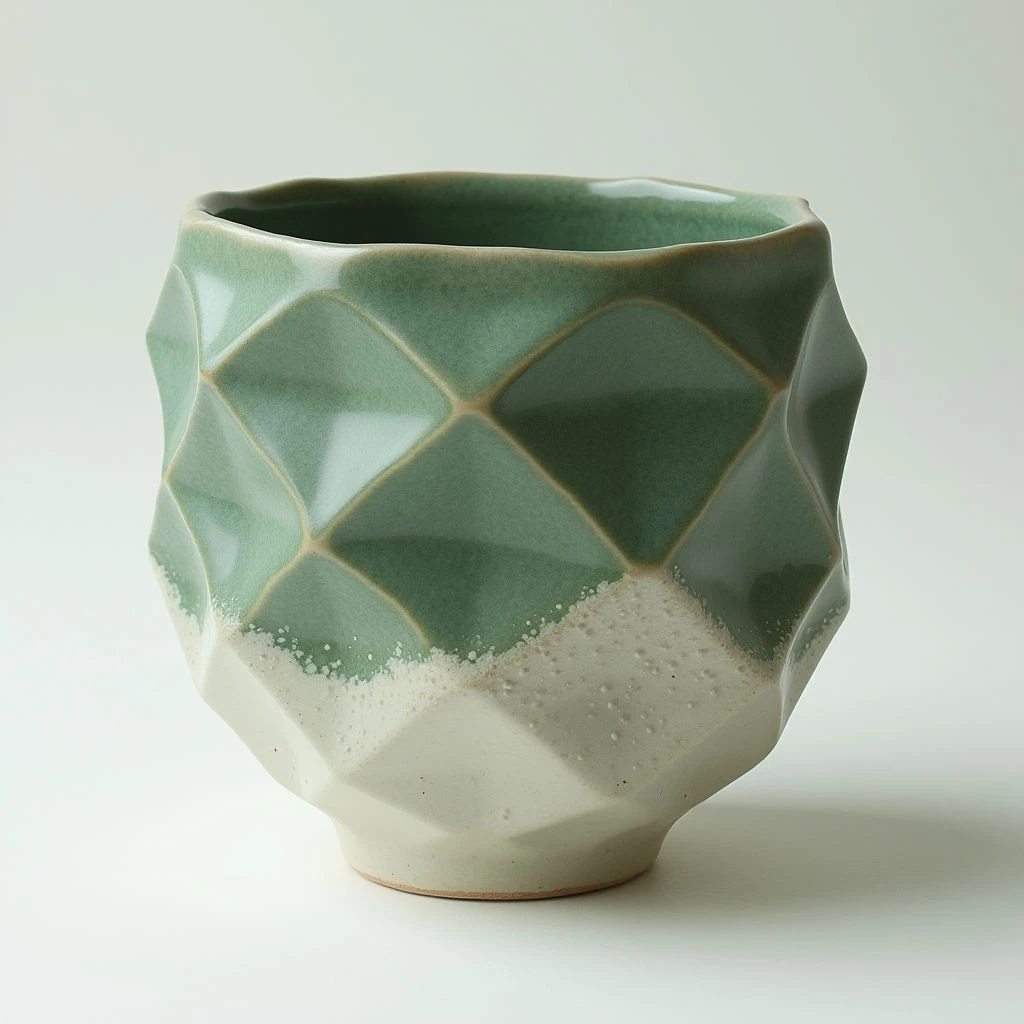 The object is a faceted vessel with a color division between a muted green glaze on the upper portion and an off-white texture below. The surface features angular planes creating a geometric shape, transitioning from smooth glazed areas to a more granular, speckled texture near the base. Soft lighting highlights the form’s many edges and casts subtle shadows, emphasizing its three-dimensional presence against a light background.