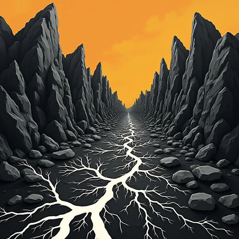 A dark, textured ground featuring white, branching veins stretches toward a distant horizon between two towering walls of jagged, gray rock formations. The composition is defined by sharp, angular shapes and a strong sense of linear perspective that converges in the center. A bright, solid orange sky provides a high-contrast backdrop to the dark silhouettes of the cliffs.