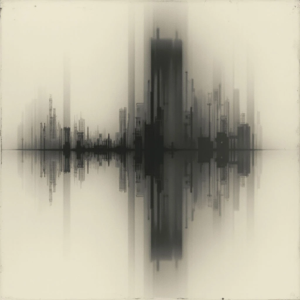 A dark, blurred cityscape stretches across a pale background, appearing almost like a soundwave visualization. The buildings are reflected perfectly in the still water below, creating a symmetrical and ghostly image. The overall effect is soft and ethereal, with a sense of quiet isolation.