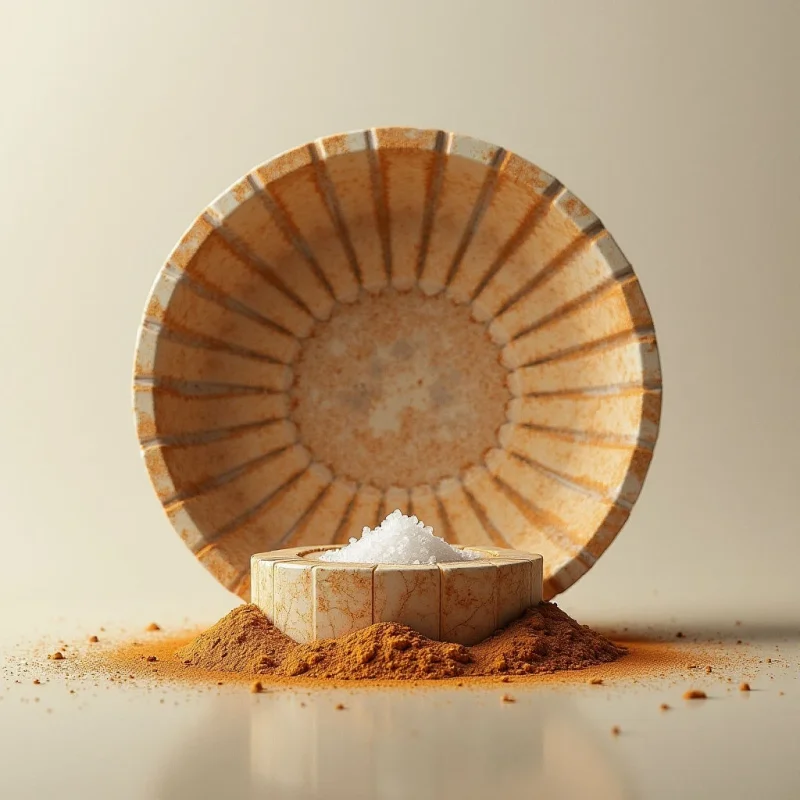 The image features a palette of warm beige and rusty orange tones, with a central focus on a large, shallow dish and a smaller hexagonal container. Textures range from the smooth, polished surface of the containers to the granular appearance of a spice pile surrounding them, which is scattered across a reflective base. Soft, diffused light illuminates the scene, casting gentle shadows and highlighting the radial pattern within the dish and the crystalline structure of the contents in the small container.