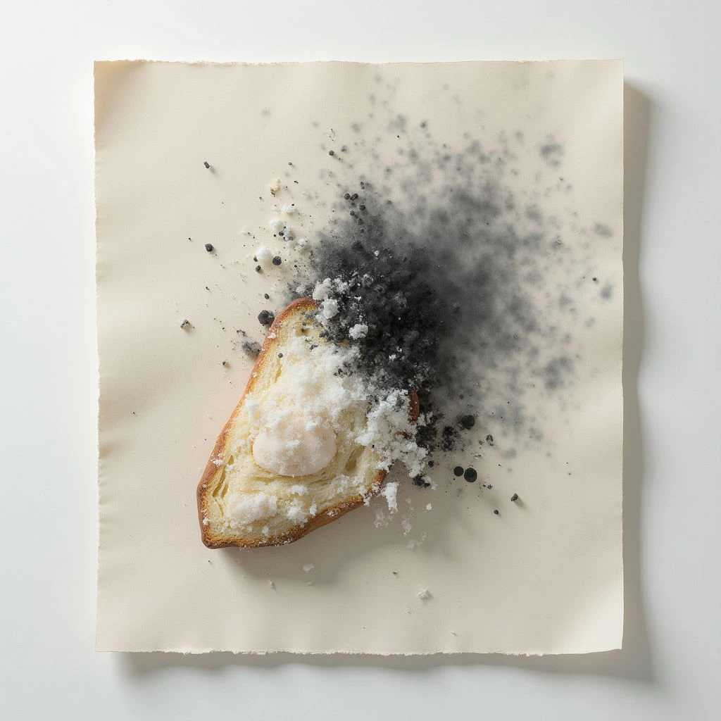 A single slice of bread, covered in a white substance like frosting or cream, sits on a wrinkled piece of paper. Dark particles are exploding outward from the bread in a chaotic burst, scattering across the paper's surface. The background is a clean, bright white, emphasizing the contrast with the crumbling food and dark debris.