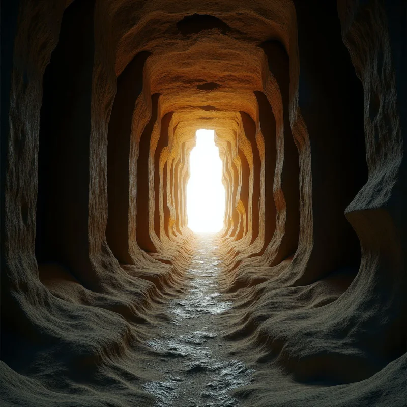 A narrow, cavernous tunnel of textured, ochre-colored rock recedes toward a bright, white opening in the distance. The rugged, uneven walls and floor create deep shadows that contrast with the brilliant light emanating from the far end. This central light source illuminates a wet, reflective path that leads through the symmetrical, organic shapes of the passage.