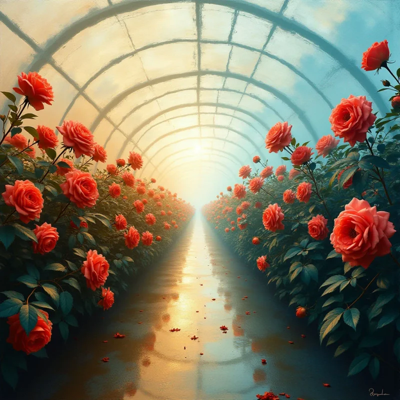 The image depicts a long corridor lined with dense rows of red and orange roses under a curved, translucent structure. Warm golden light emanates from the distant end of the passage, reflecting on a wet, dark floor scattered with fallen petals. The overall spatial arrangement emphasizes linear perspective, drawing the eye towards a bright horizon while contrasting soft floral textures against hard architectural shapes.