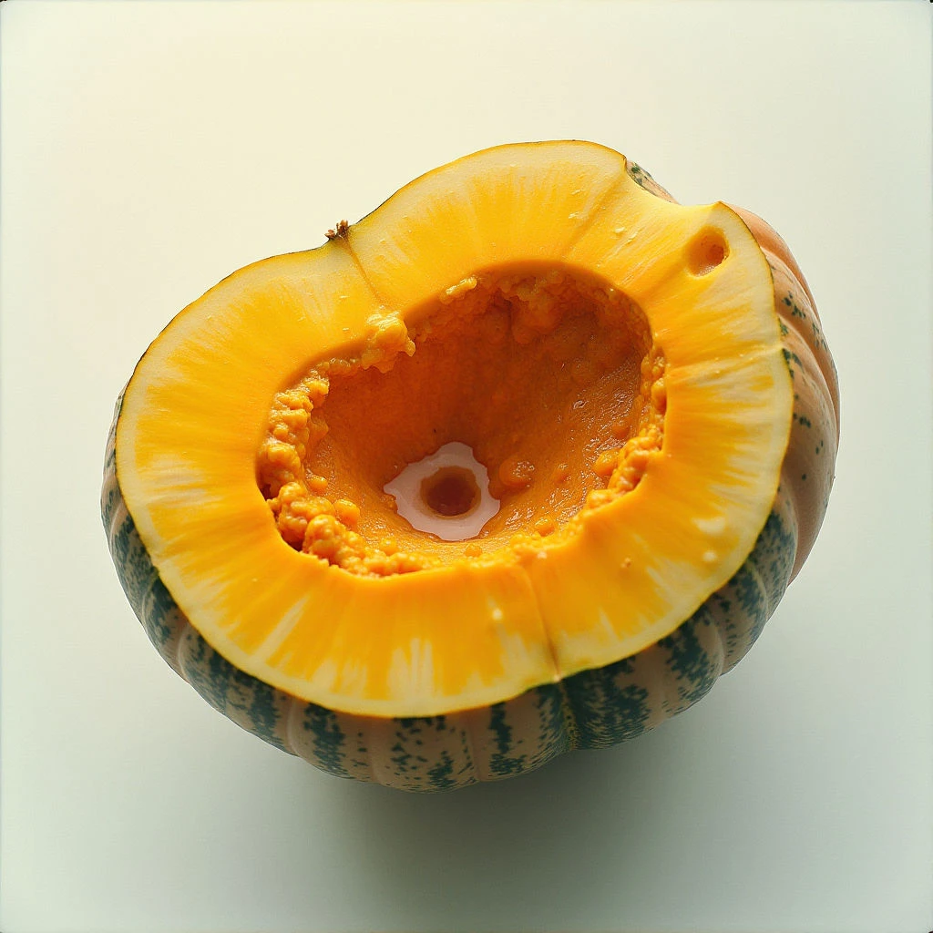 A halved squash sits on a pale surface, revealing its bright orange flesh and seed cavity. The outer skin is striped with shades of green and peach, contrasting with the smooth interior color. A small piece has been removed from the edge, exposing the texture of the fruit.