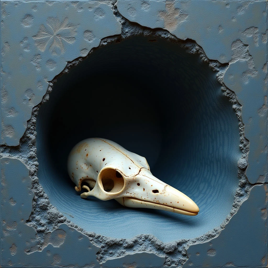The image features a blue textured surface with a roughly circular opening revealing a dark, tunnel-like space. A small, off-white bird skull rests within the recess of the opening, its form contrasting with the surrounding color and texture. Light appears to emanate from within the dark space, subtly illuminating the skull and creating shadows on the rough edges of the blue material.