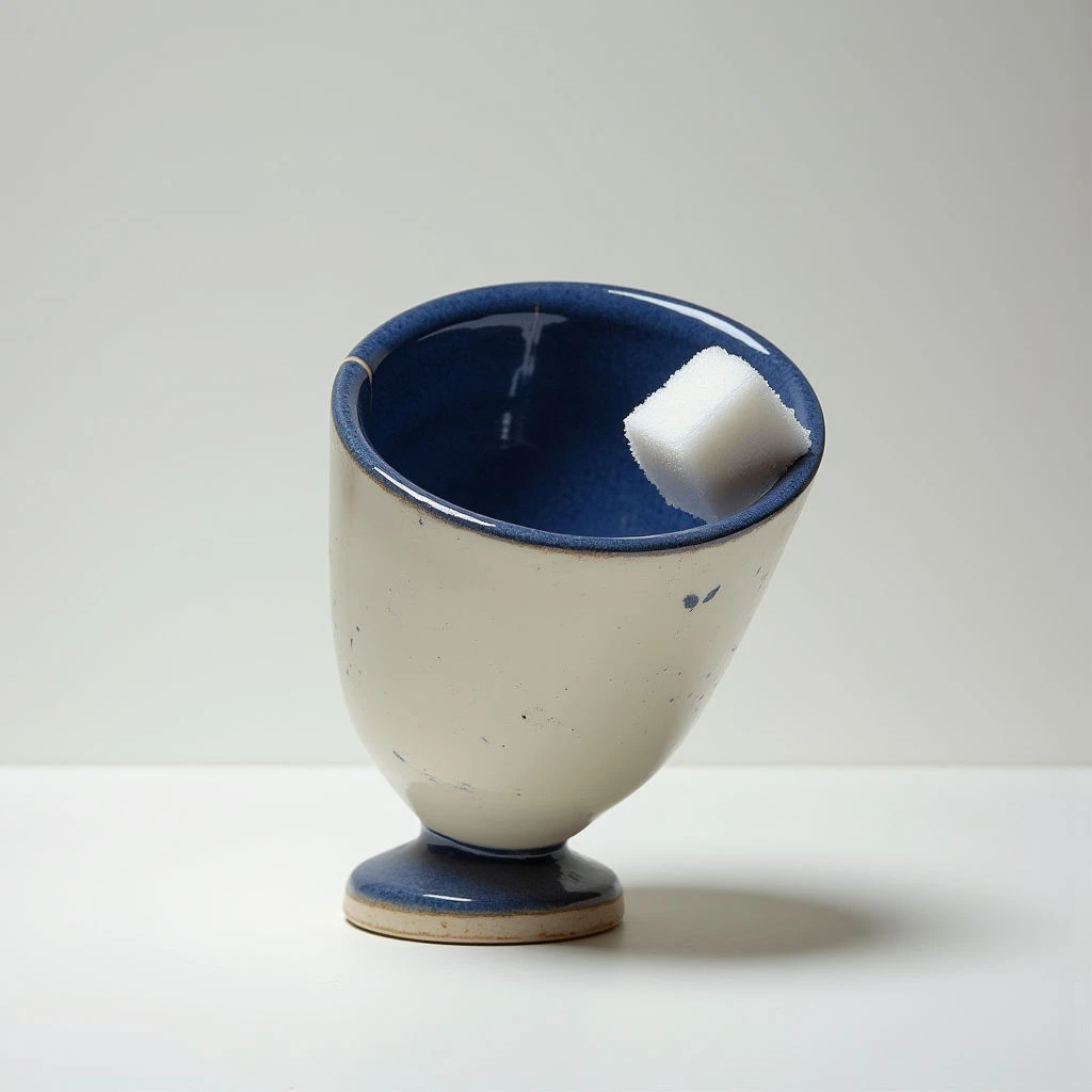 The image features a cream-colored vessel with an interior of deep blue, speckled throughout with darker tones and accented with small blue drips near the rim. A single white cube rests within the bowl of the vessel, which sits on a simple footed base and has a slightly rough texture overall. Soft, diffused light illuminates the scene, creating gentle shadows and highlighting the form of the object against a neutral gray background.