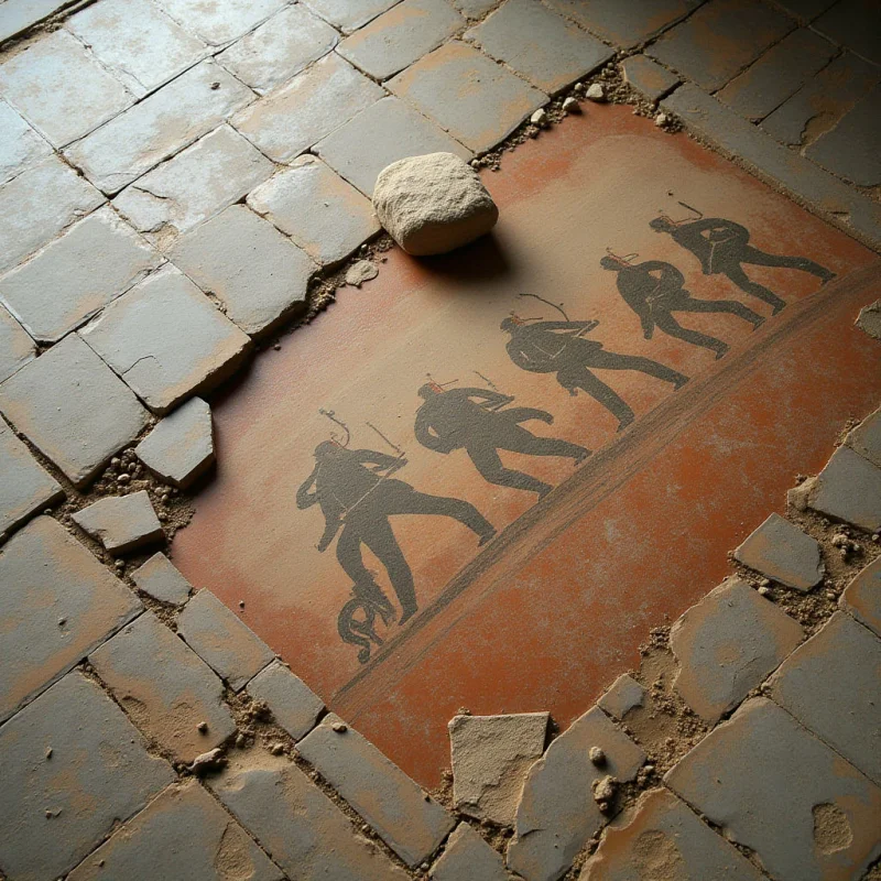 The scene is dominated by warm terracotta tones in the brick flooring, contrasted with cooler grays and browns in broken pieces and surrounding tiles. A linear arrangement of dark figures is depicted on a central rectangular section of the floor, set against a lighter terracotta background. Light appears to come from an unseen source above and to the left, creating subtle shadows and highlighting the rough texture of the brick surfaces and a single stone resting near the center.
