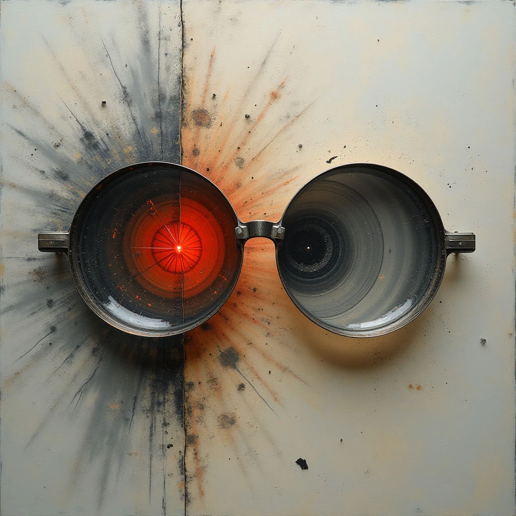 The image features a central object resembling binocular eyepieces set against a pale, off-white background with radiating lines emanating from behind them. One eyepiece is filled with a bright red glow while the other appears dark and hollow, creating a strong contrast in color and texture; the surrounding surface exhibits mottled staining and subtle variations in tone. The composition is largely symmetrical, though imperfectly so, with the binocular form appearing relatively flat against the textured background plane.