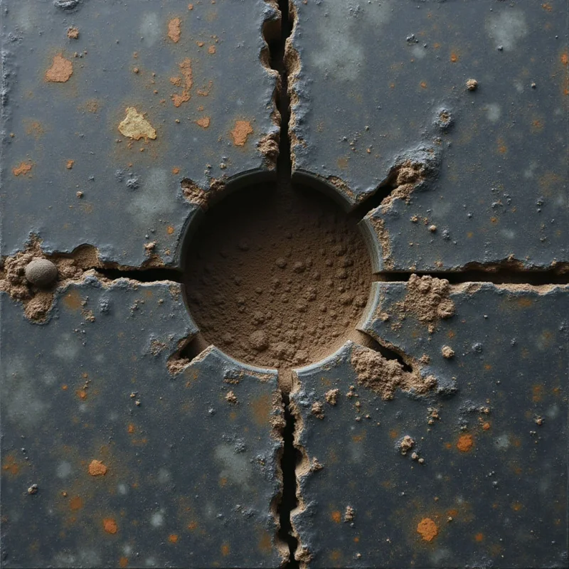 A dark gray, textured surface is fractured by deep cracks that radiate from a central circular void filled with fine brown powder. The composition features irregular shapes and jagged edges where the material has broken away, revealing coarse granular textures. Light falls evenly across the scene, highlighting the contrast between the smooth, mottled gray planes and the matte, earthy tones of the recessed center.