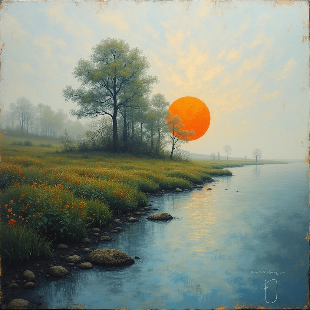 A vibrant orange sun hangs low over a calm body of water, partially obscured by a light mist. Lush green grass and wildflowers line the bank, dotted with rocks leading into the reflective blue water. A cluster of trees stands silhouetted against the bright sky, creating a peaceful and serene landscape.