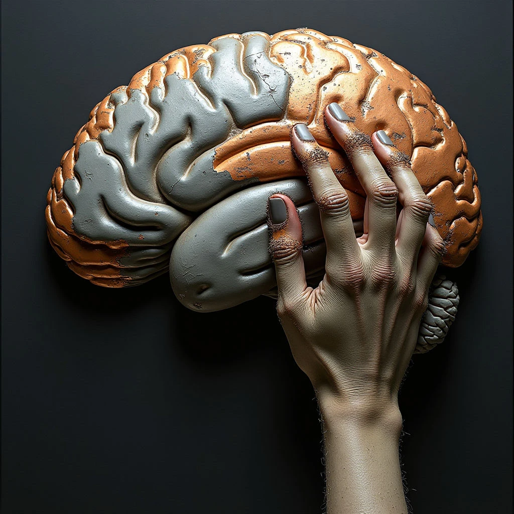 The image features a brain with sections of metallic copper and grey tones against a dark black background. A pale hand with long, dark nails partially covers the front of the brain, its fingers curled around the form's convolutions. Strong directional light highlights the textures of both the brain’s surface and the skin of the hand, creating defined shadows and emphasizing their three-dimensional shapes.