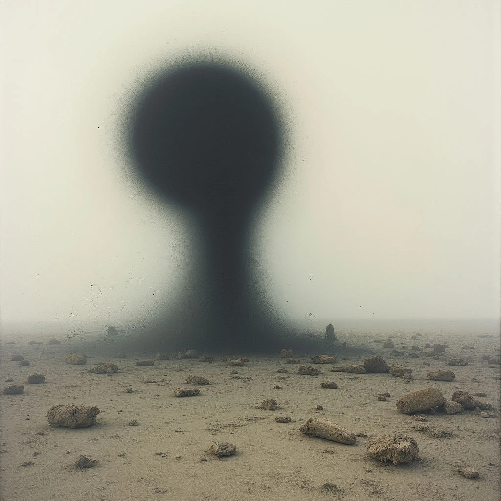 A vast, dark shape looms over a desolate, rocky landscape shrouded in thick fog. The form appears almost liquid, expanding from a narrow base into a large, amorphous cloud against a pale sky. Scattered rocks dot the sandy ground, hinting at a barren and otherworldly environment.