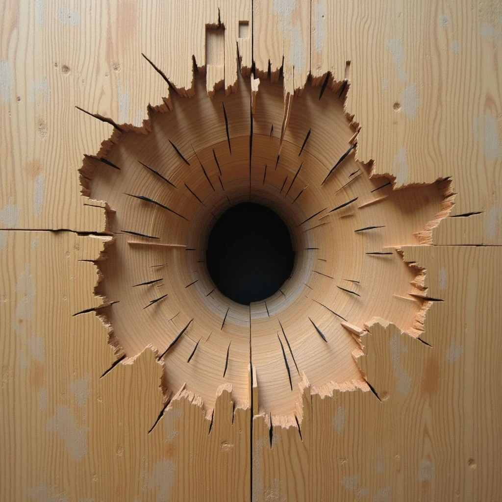 A large, circular hole has been violently punched through a light-colored wooden surface. Splintered wood radiates outwards from the dark center of the opening like jagged rays. The surrounding wood shows visible grain and seams where planks meet.